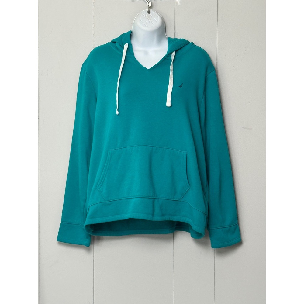 Nautica Women's Teal Blue Fleece Lined Hoodie V-Neck Sweatshirt Size Large